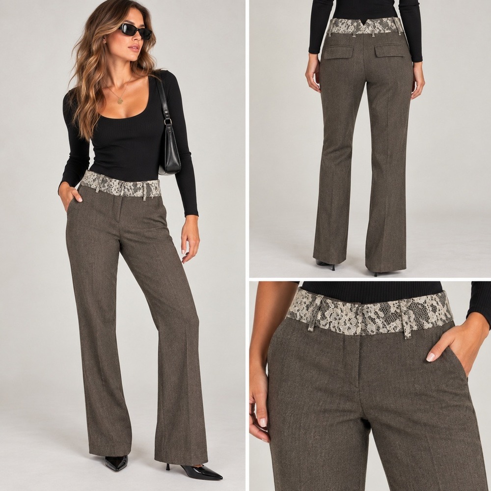 Bebe Slacks Womens 8 Brown Lace Trim Low Rise Wide Leg Wool Blend Y2K Office